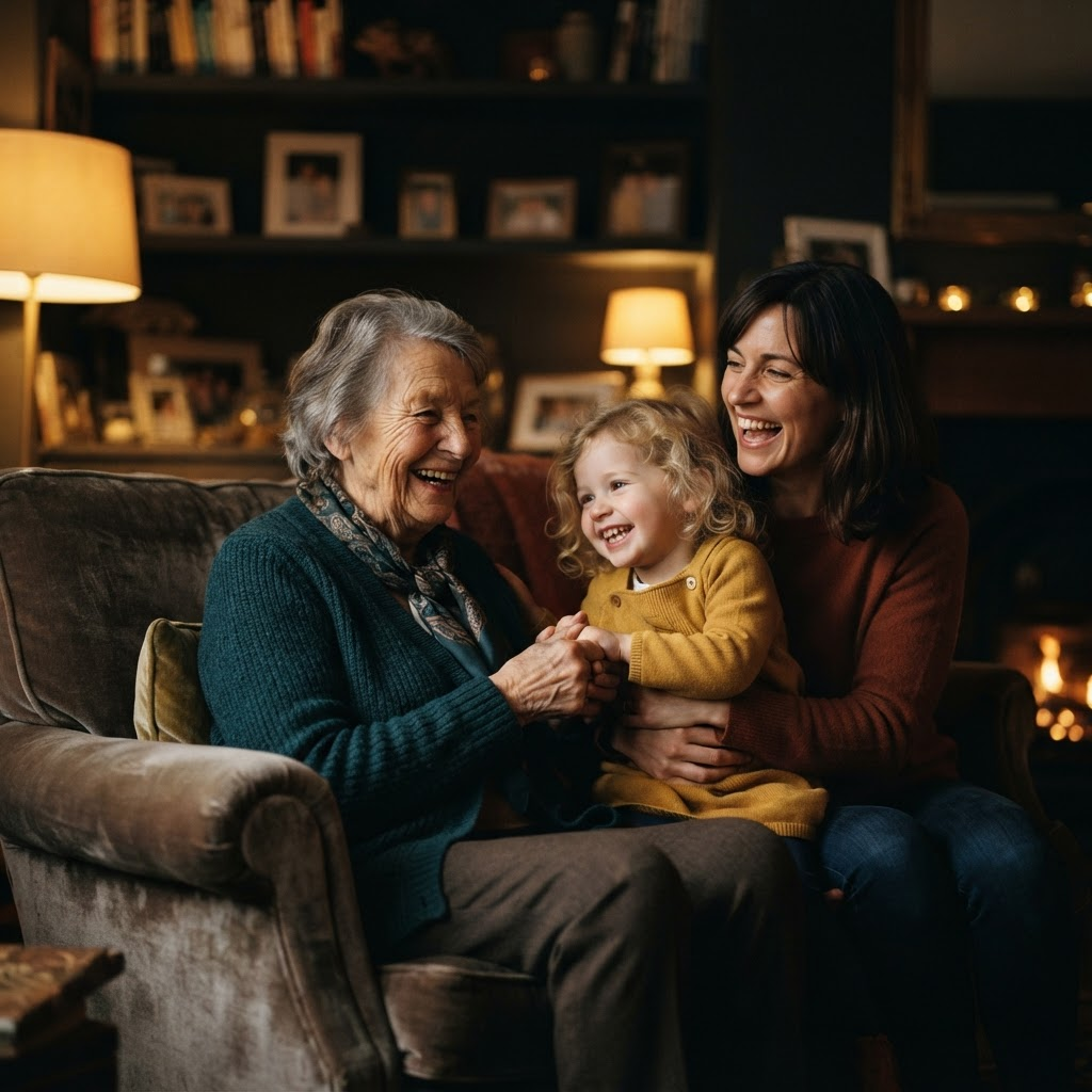 An elderly woman laughing warmly with her daughter and grandchild at home